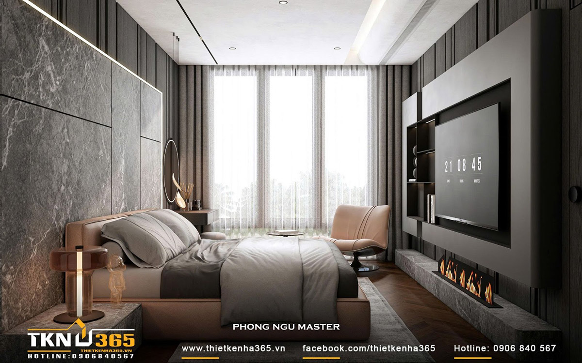 Phòng ngủ master thiết kế hiện đại, bố trí hệ rèm hai lớp để điều chỉnh ánh sáng tự nhiên