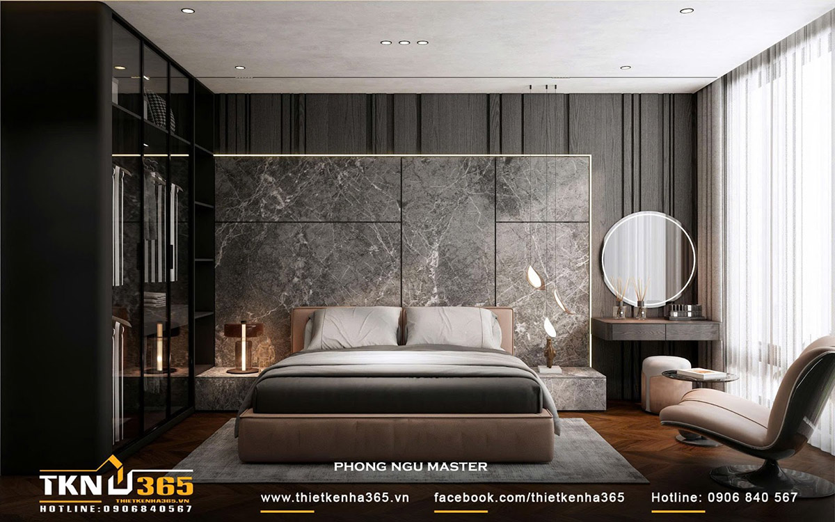 Bức tường đầu giường ốp đá kết hợp cùng gỗ, tạo vẻ đẹp mạnh mẽ, cá tính nhưng vẫn ấm cúng