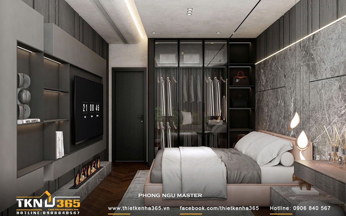 Tủ quần áo bằng kính góp phần tăng thêm tính thẩm mỹ cho thiết kế phòng ngủ master