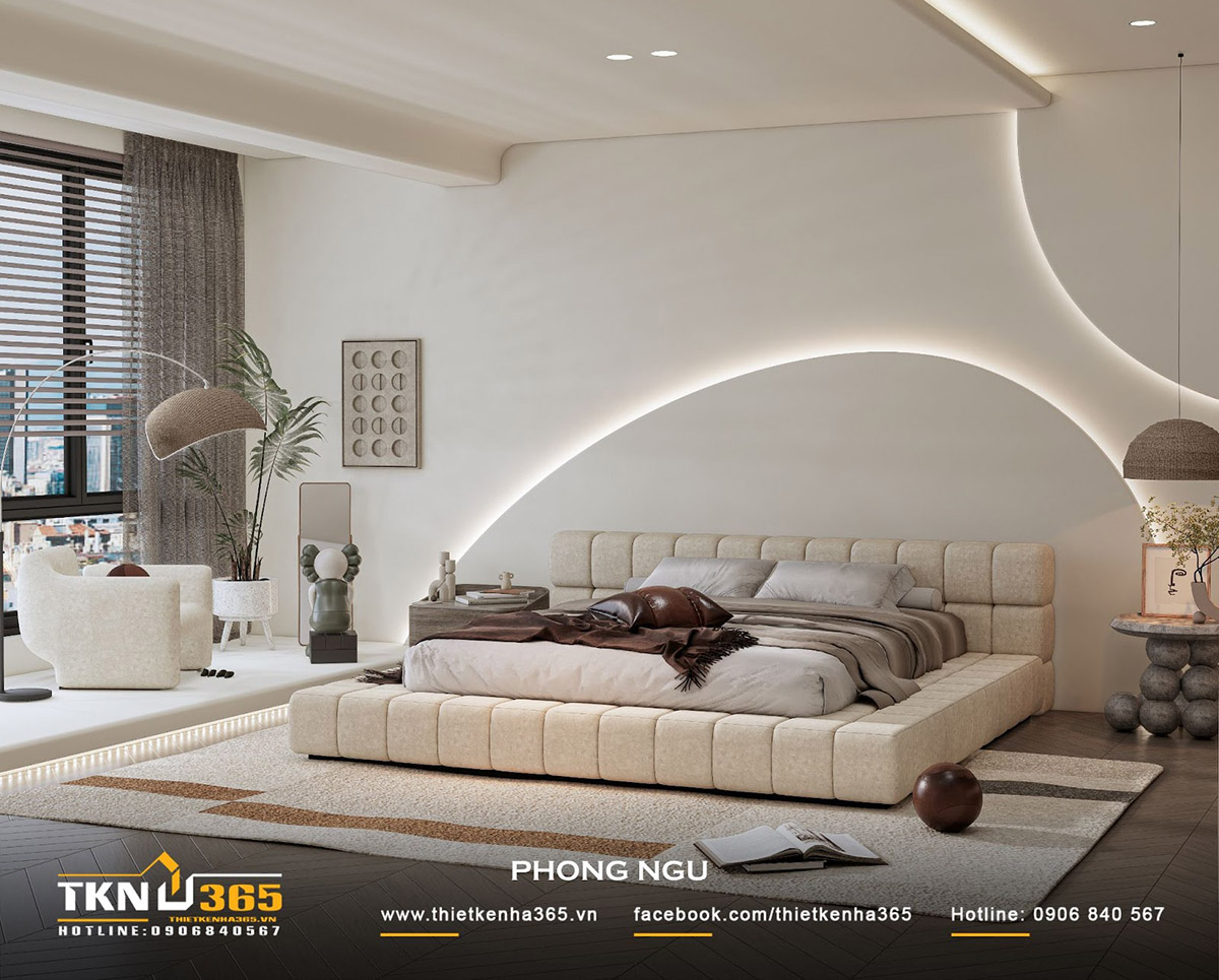 Phòng ngủ phụ có sự chênh lệch về độ cao sàn để phân chia khu vực giường ngủ và không gian thư giãn bên cạnh cửa sổ