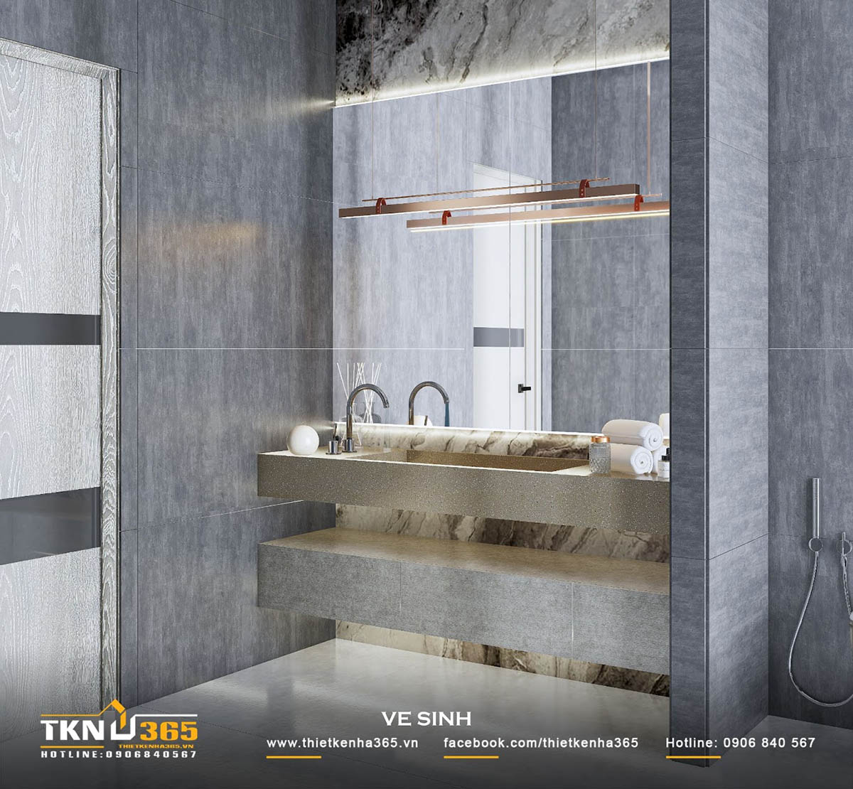 Toàn bộ bề mặt nhà vệ sinh đều ốp đá màu xám sạch sẽ, giúp gia chủ dễ dàng lau chùi khi cần thiết