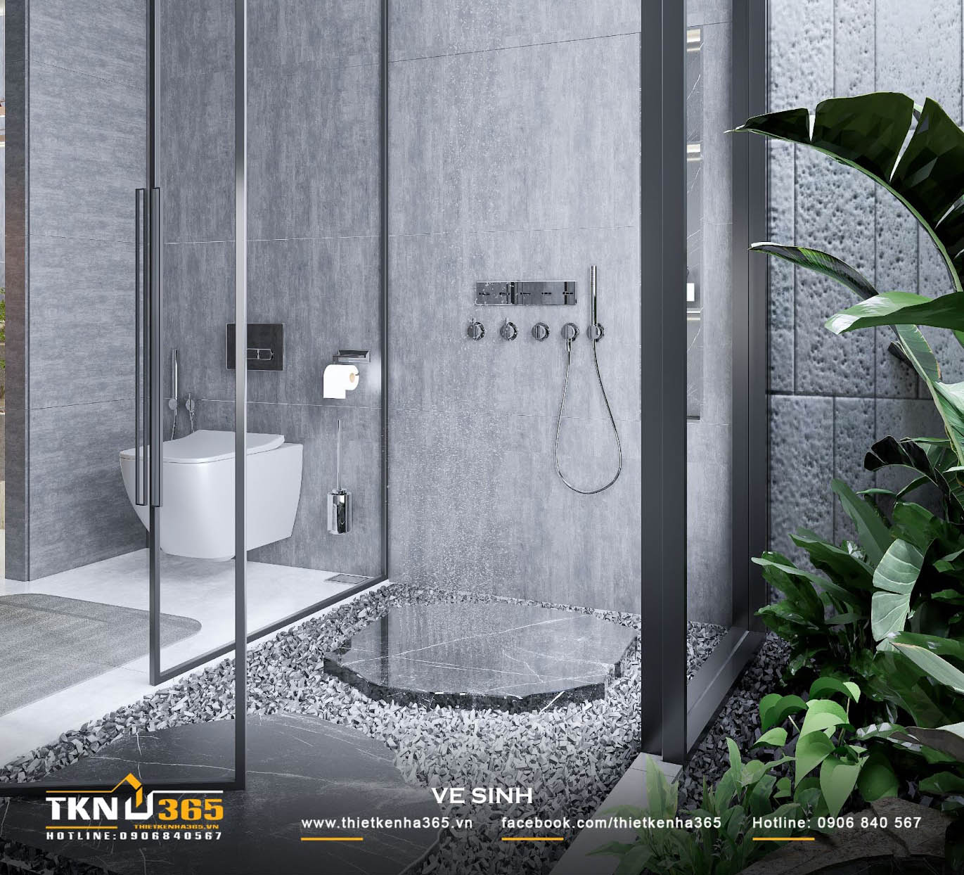 Vách ngăn bằng kính cường lực phân chia nhà vệ sinh thành hai khu vực khô - ướt rõ ràng