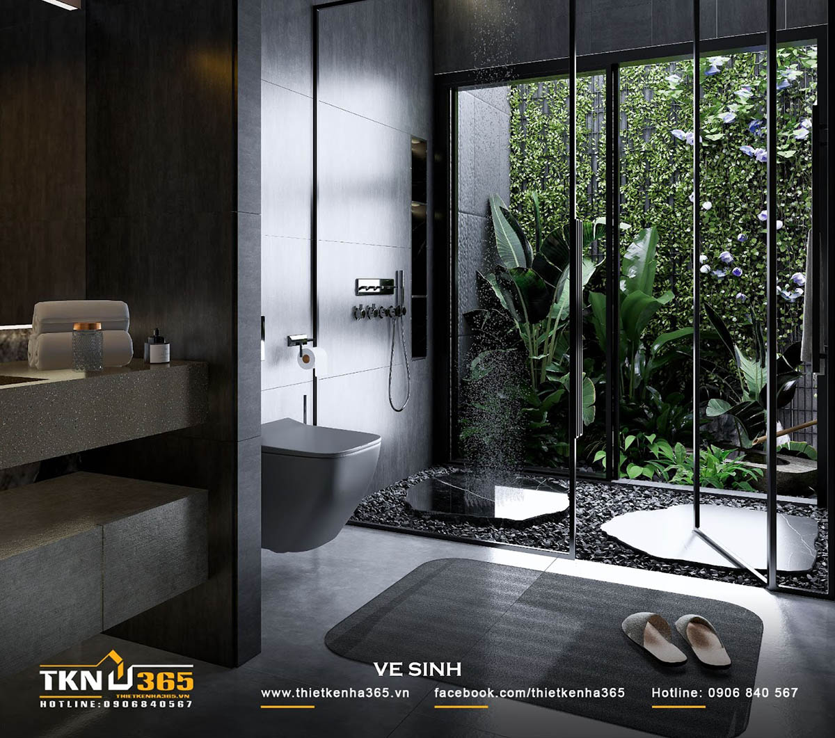 Cửa trượt bằng kính rút ngắn khoảng cách giữa khu vực tắm đứng và khoảng xanh ngay bên cạnh, giúp các thành viên trong gia đình thoải mái chạm vào thiên nhiên