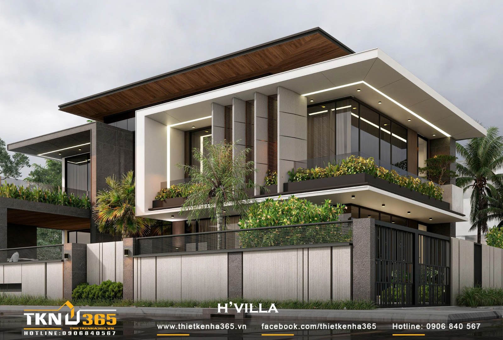 Biệt thự phố 2 tầng có mặt tiền hiện đại với hình khối vuông vắn, đan cài nhiều mảng xanh