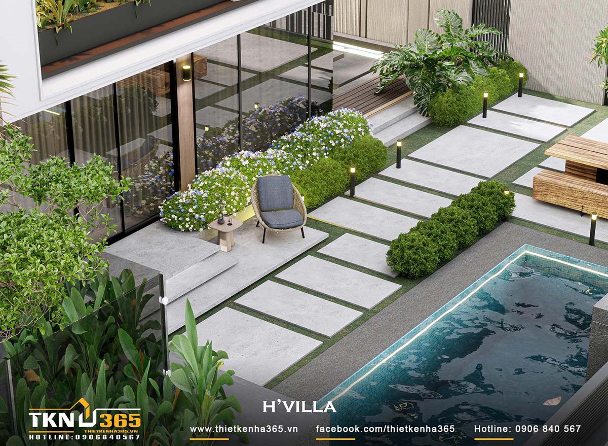 Hồ bơi là điểm nhấn ấn tượng trong thiết kế sân vườn H’S VILLA