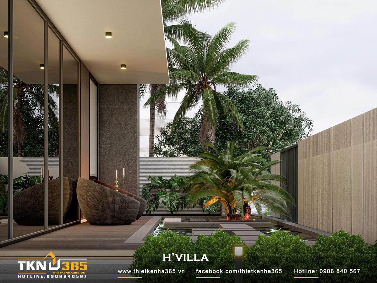 Bên cạnh hồ bơi, biệt thự phố 2 tầng H’S VILLA còn xây dựng thêm tiểu cảnh hồ nước trong sân vườn