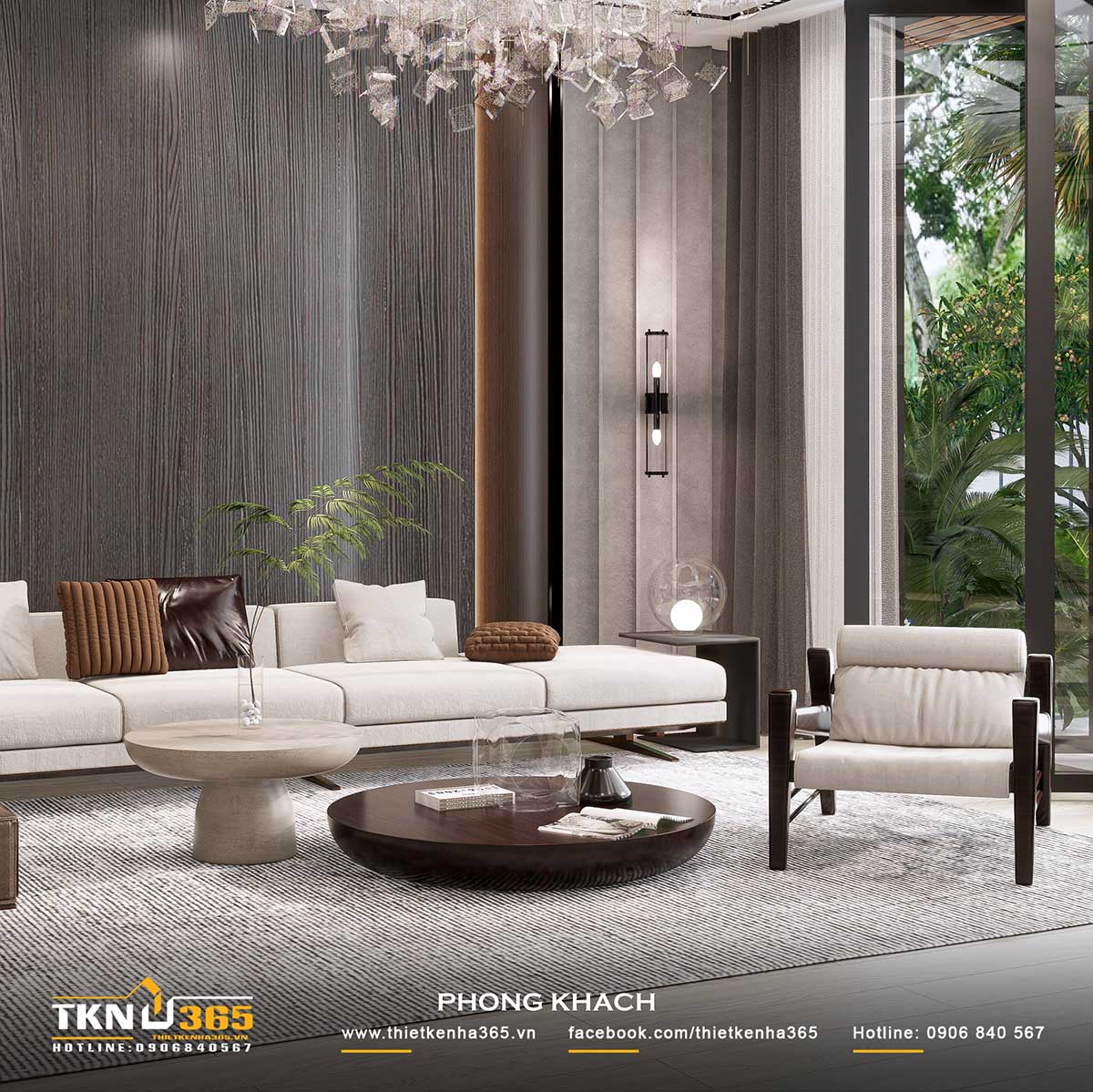 hòng khách sở hữu thiết kế mở thông thoáng, kết nối trực tiếp với sân vườn bên ngoài