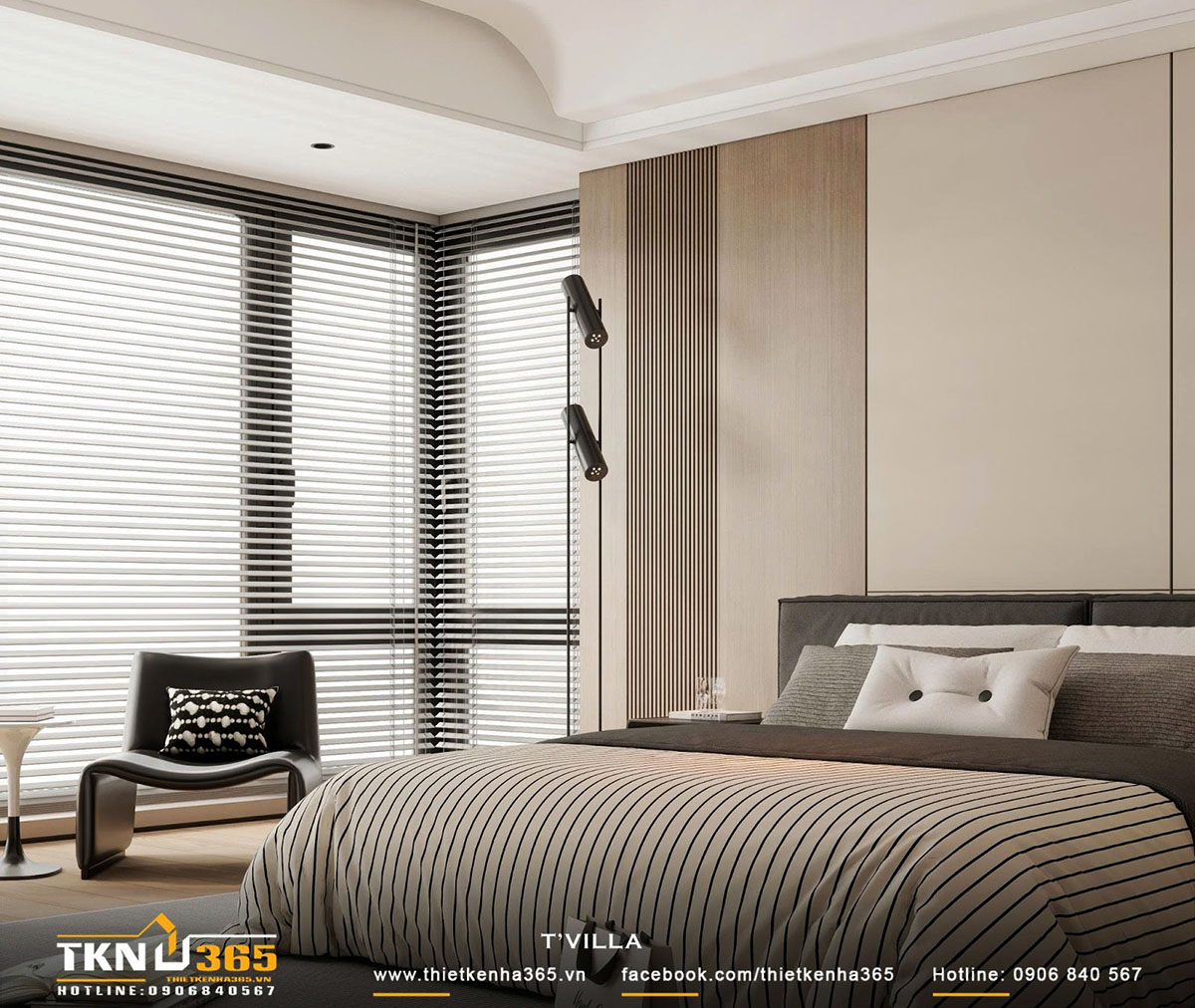 Hệ rèm linh hoạt giúp phòng ngủ nhận được nhiều ánh sáng tự nhiên nhưng vẫn đảm bảo sự riêng tư cần thiết