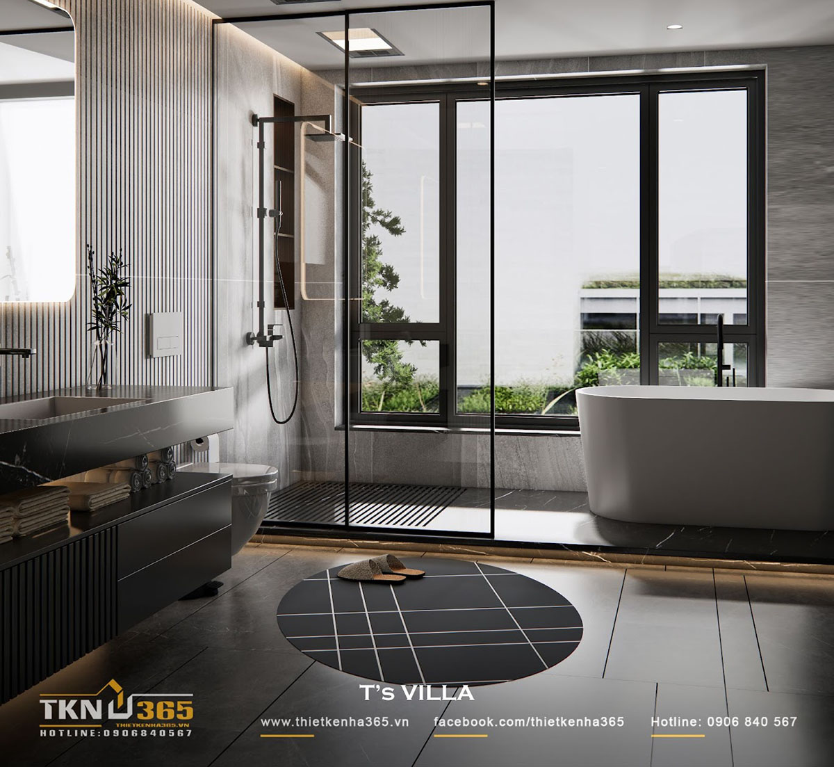 Không gian vệ sinh đủ ánh sáng tự nhiên và bố trí thêm nhiều cây xanh theo đúng mong muốn của gia chủ