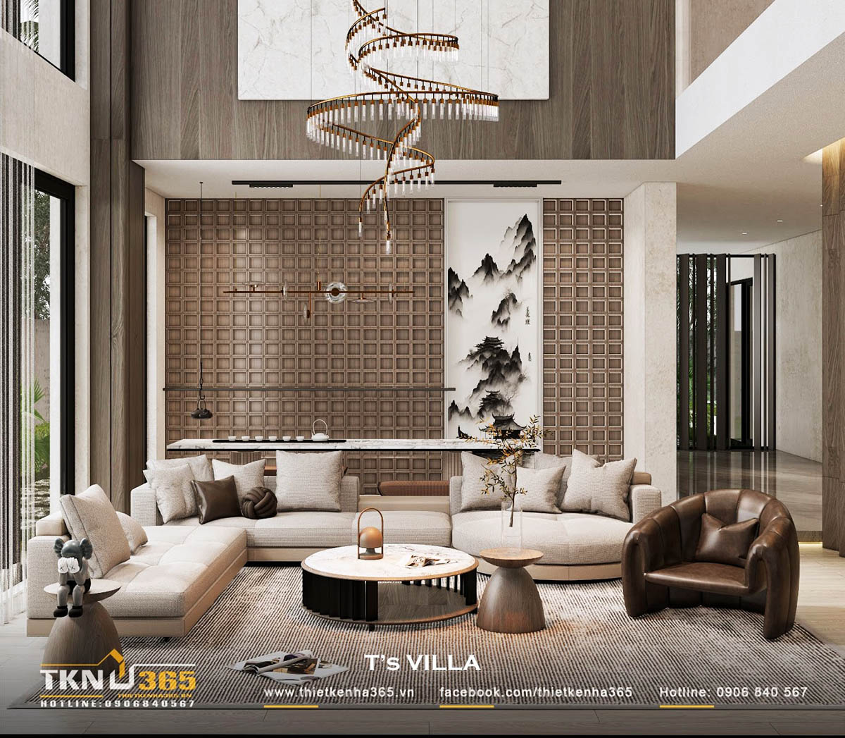 Phòng khách thông tầng là “linh hồn” của thiết kế biệt thự 2 tầng mái Nhật hiện đại