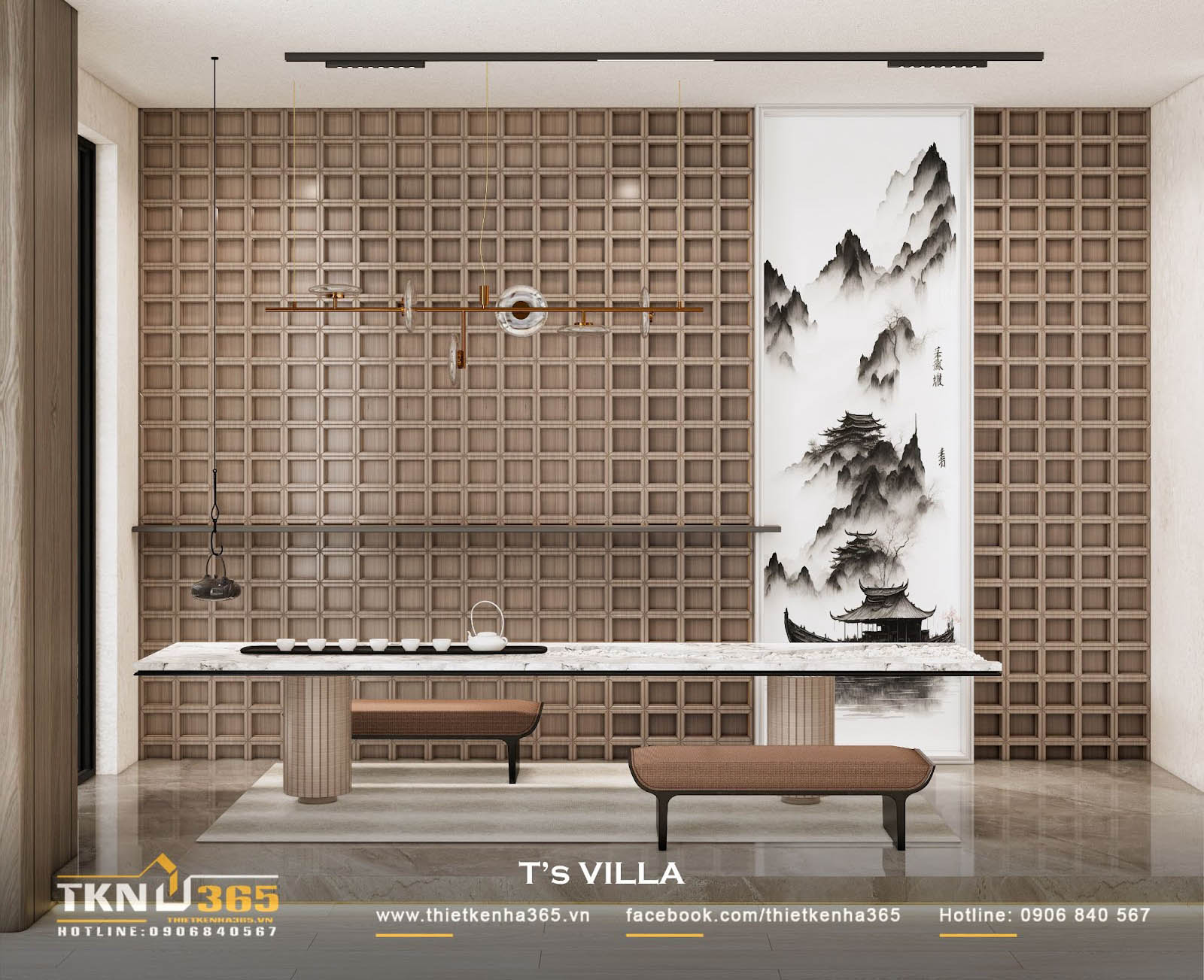 Khu vực uống trà gây ấn tượng với vách ngăn gỗ và bức tranh phong cảnh đậm chất văn hóa Á Đông