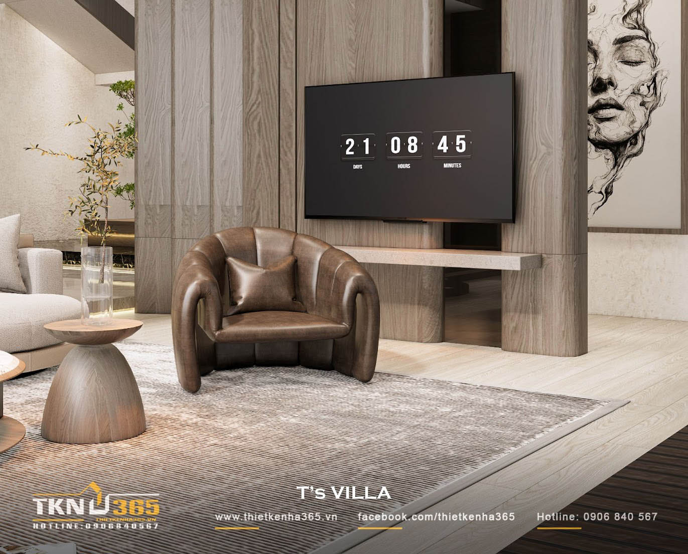 Bên cạnh bộ sofa màu xám trung tính là ghế bành bằng da màu nâu sang trọng