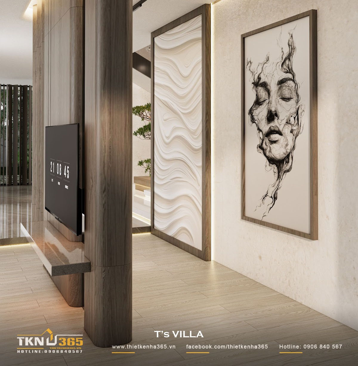 Phòng khách biệt thự T’S VILLA sử dụng vật liệu gỗ ở một số hạng mục, tạo nét đẹp ấm cúng và gần gũi