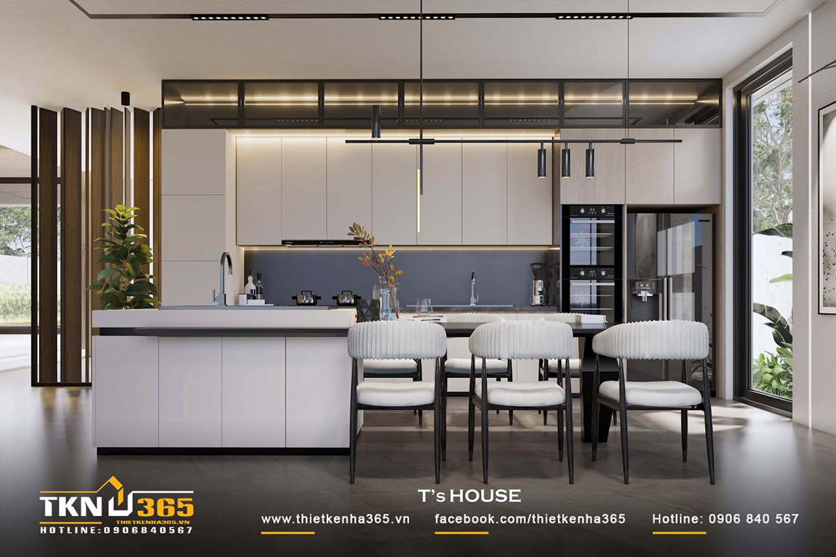 Phòng bếp biệt thự T’S VILLA sử dụng gam màu trắng chủ đạo