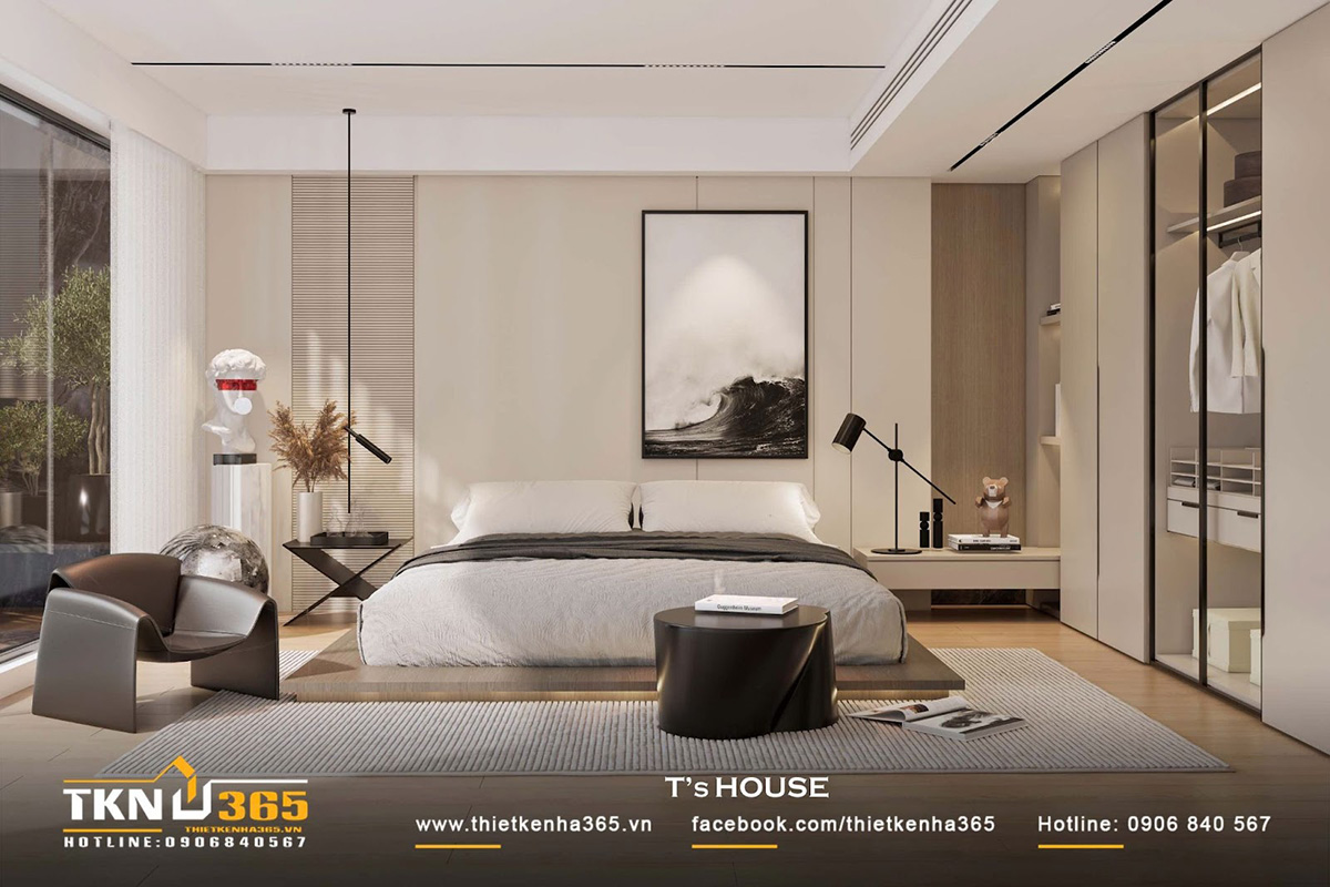 Phòng ngủ thứ nhất trong biệt thự T’S VILLA trang trí đơn giản nhưng đầy đủ tiện nghi