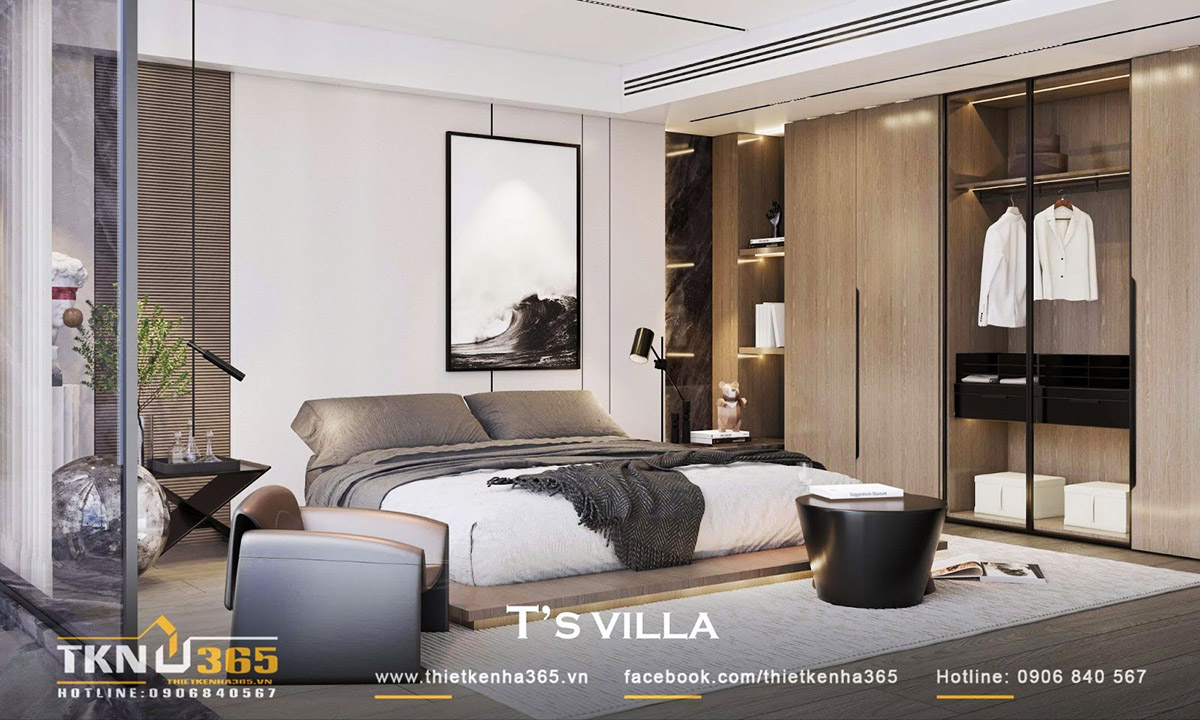 Giường ngủ được đặt ở vị trí trung tâm phòng ngủ