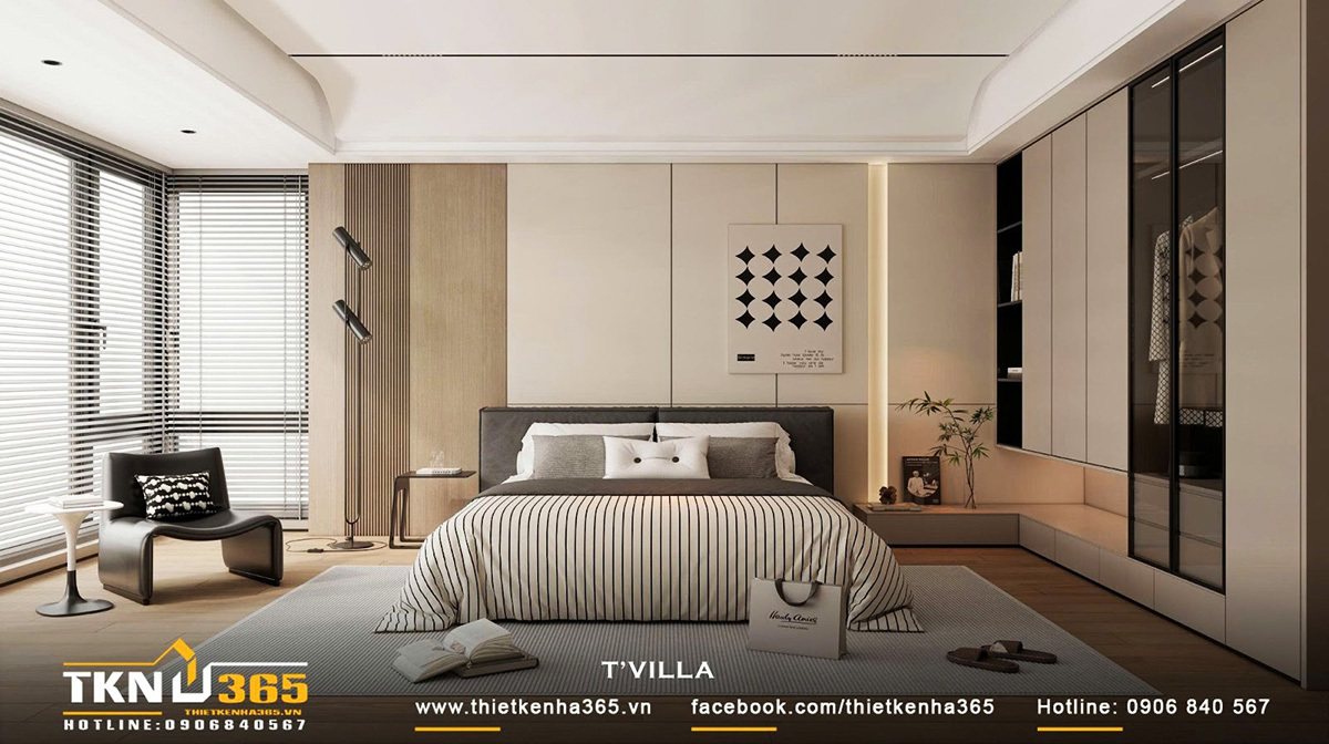 Không gian phòng ngủ thứ hai thiết kế tinh giản, hiện đại với gam màu trung tính và điểm nhấn gỗ ấm áp, tạo nên bầu không khí thư giãn nhẹ nhàng