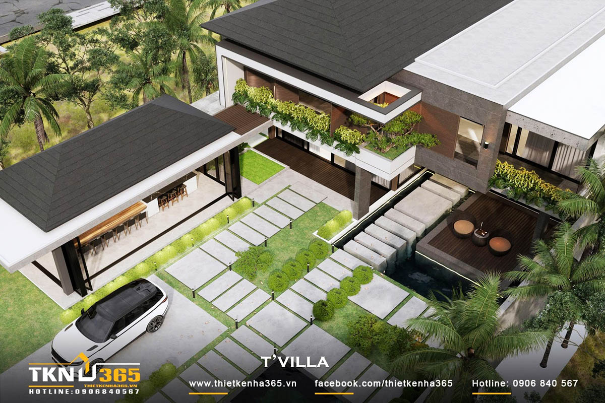 Biệt thự 2 tầng mái Nhật hiện đại bố trí các mảng xanh thành nhiều lớp