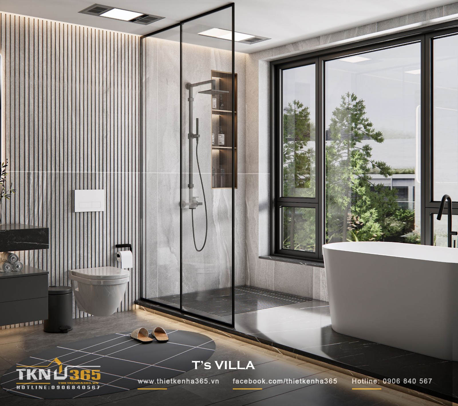 Vách kính trong suốt phân chia khô - ướt rõ ràng, mở rộng tầm nhìn ra khoảng xanh bên ngoài, mang đến cảm giác thư giãn như spa tại gia