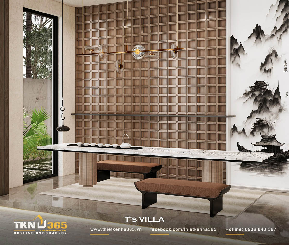 Gia chủ có thể vừa ngồi uống trà vừa ngắm nhìn khung cảnh sân vườn bên ngoài thông qua lớp cửa kính