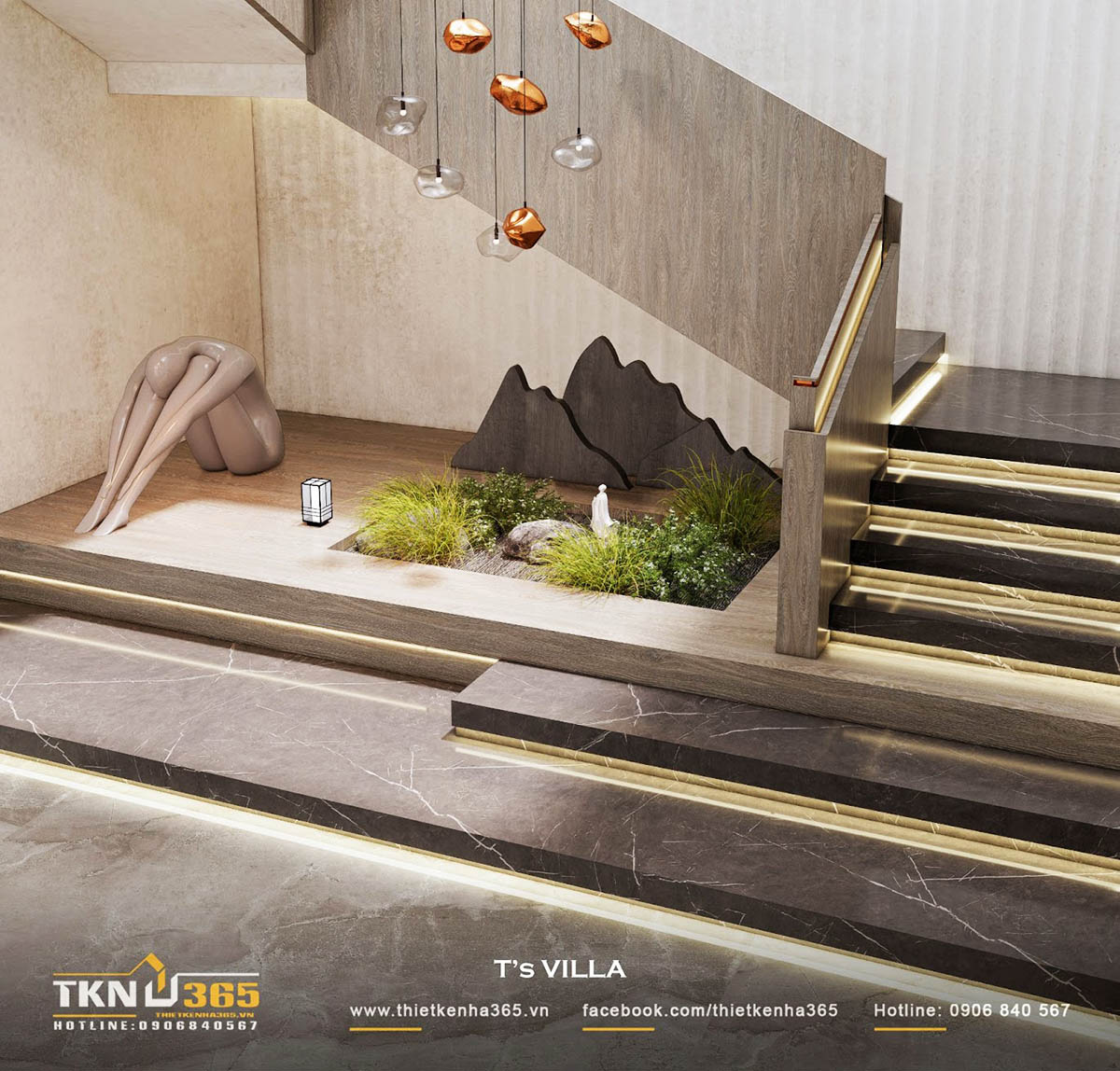 Mảng xanh được đan cài khéo léo tại khu vực dưới cầu thang