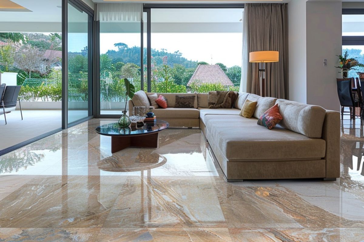 Gạch men bóng giúp không gian phòng khách rộng thoáng và toát lên vẻ đẹp sang trọng, hiện đại (Ảnh: Sưu tầm)