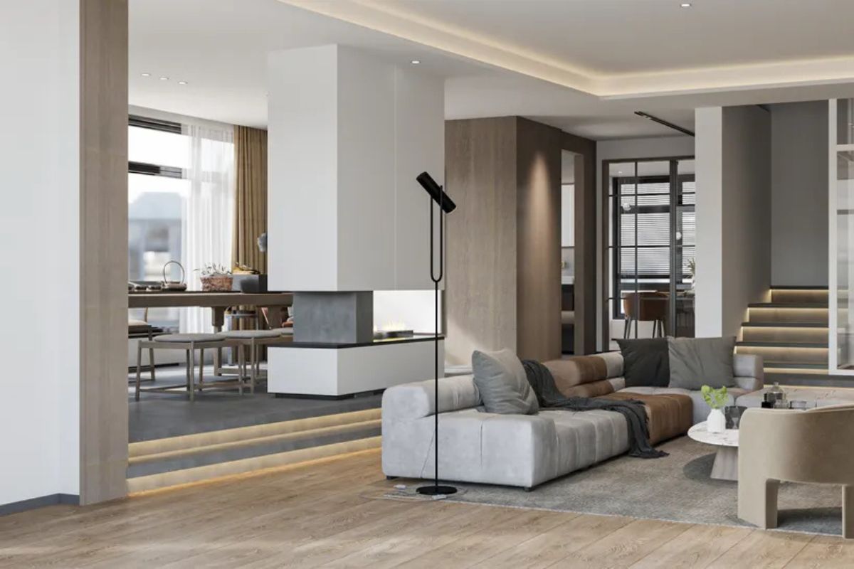 Chênh lệch cao độ giữa nền bếp và phòng khách khi kết hợp cùng đèn LED làm cho không gian thêm nổi bật (Ảnh: Sưu tầm)