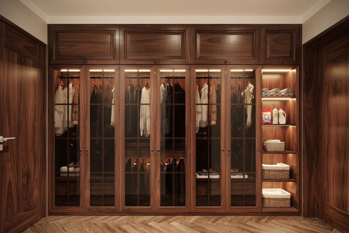 Tủ quần &aacute;o kịch trần gỗ &oacute;c ch&oacute; với c&aacute;nh k&iacute;nh sang trọng, kết hợp &aacute;nh s&aacute;ng &acirc;m tủ tạo kh&ocirc;ng gian lưu trữ đẳng cấp