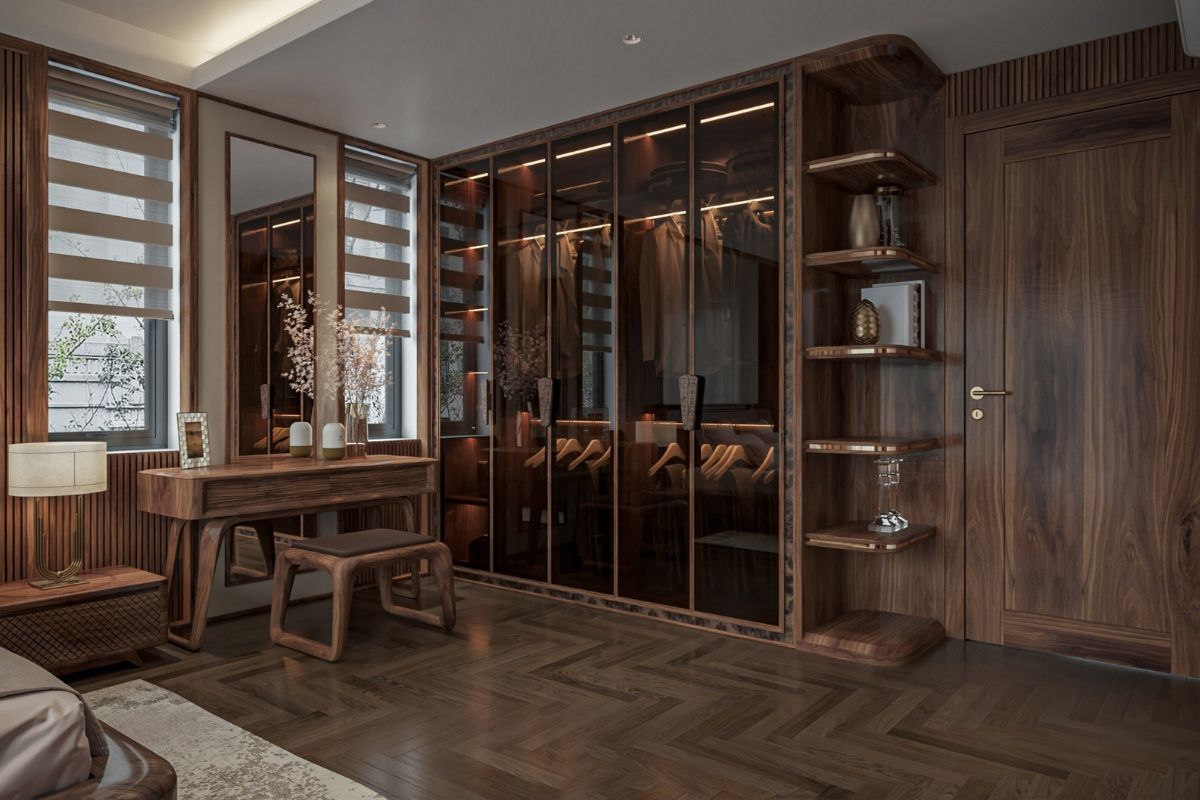 Tủ quần &aacute;o kịch trần bằng gỗ &oacute;c ch&oacute; kết hợp c&aacute;nh k&iacute;nh m&agrave;u n&acirc;u, mang lại vẻ sang trọng v&agrave; đồng bộ với to&agrave;n bộ kh&ocirc;ng gian ph&ograve;ng ngủ