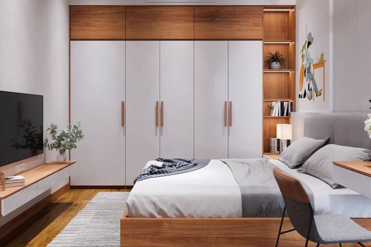 Tủ quần &aacute;o kịch trần phối m&agrave;u trắng v&agrave; v&acirc;n gỗ mang đến vẻ đẹp trẻ trung, s&aacute;ng sủa v&agrave; h&agrave;i h&ograve;a cho ph&ograve;ng ngủ hiện đại