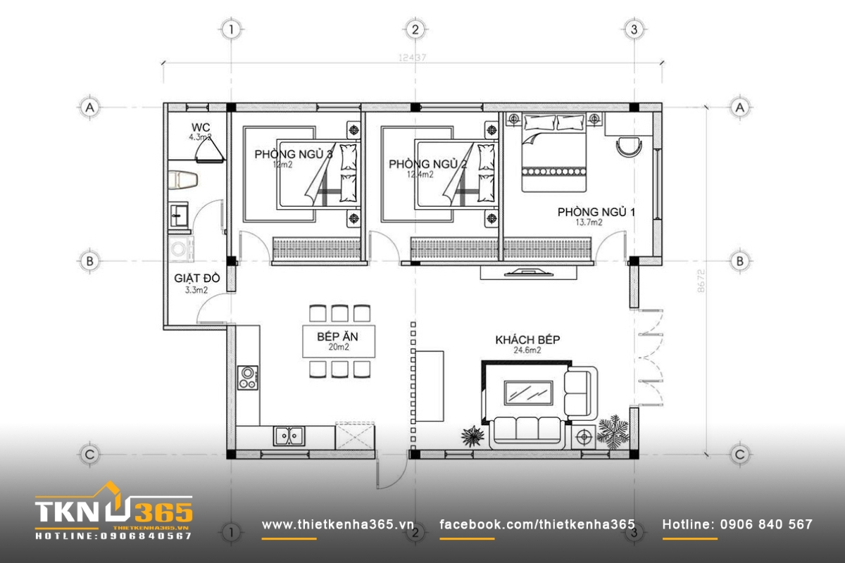 Bản vẽ biệt thự 1 tầng 3 ph&ograve;ng ngủ m&aacute;i bằng