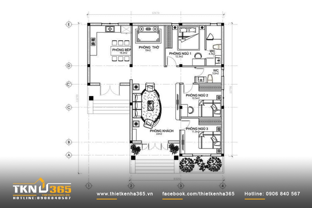 Bản vẽ biệt thự 1 tầng 3 ph&ograve;ng ngủ chữ L