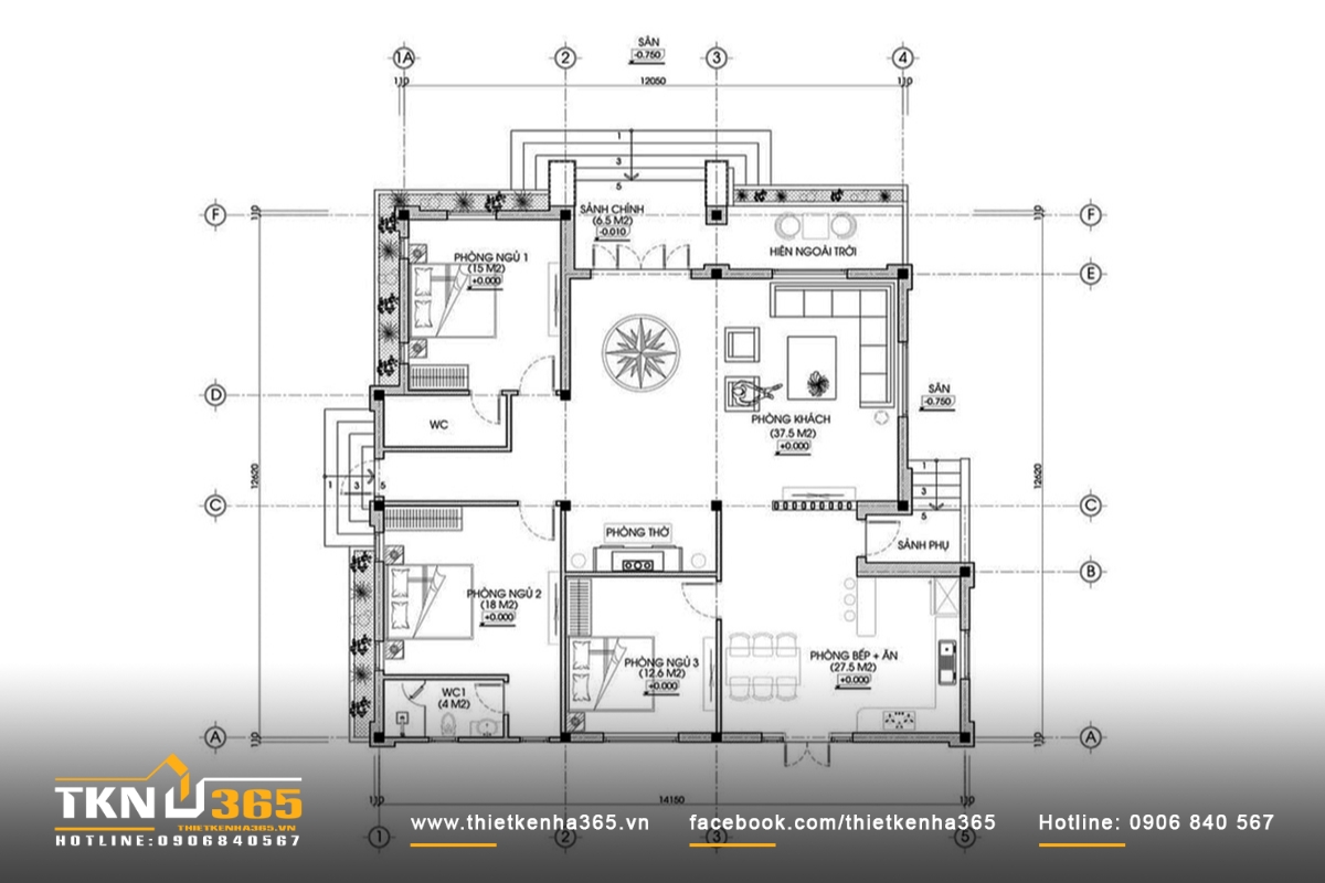 Bản vẽ chi tiết biệt thự 1 tầng 3 ph&ograve;ng ngủ c&oacute; vườn