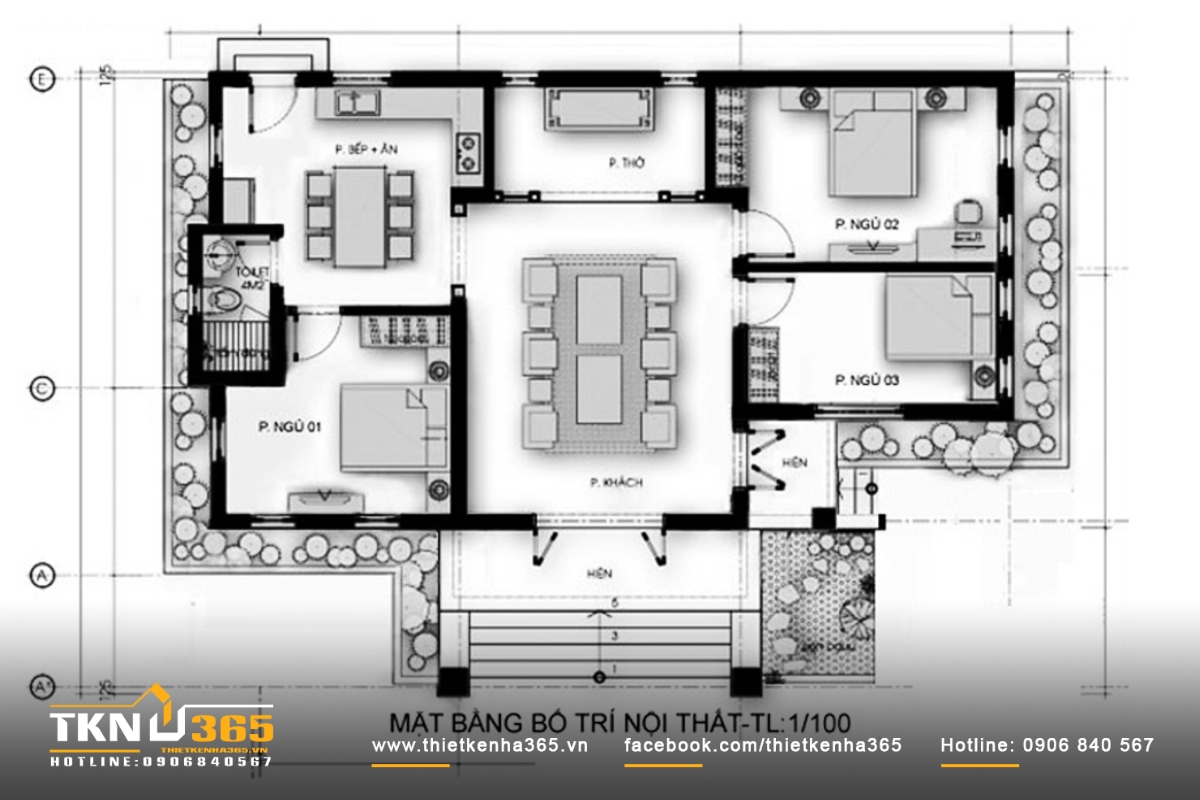Bản vẽ chi tiết biệt thự 1 tầng 3 ph&ograve;ng ngủ ch&acirc;u &acirc;u
