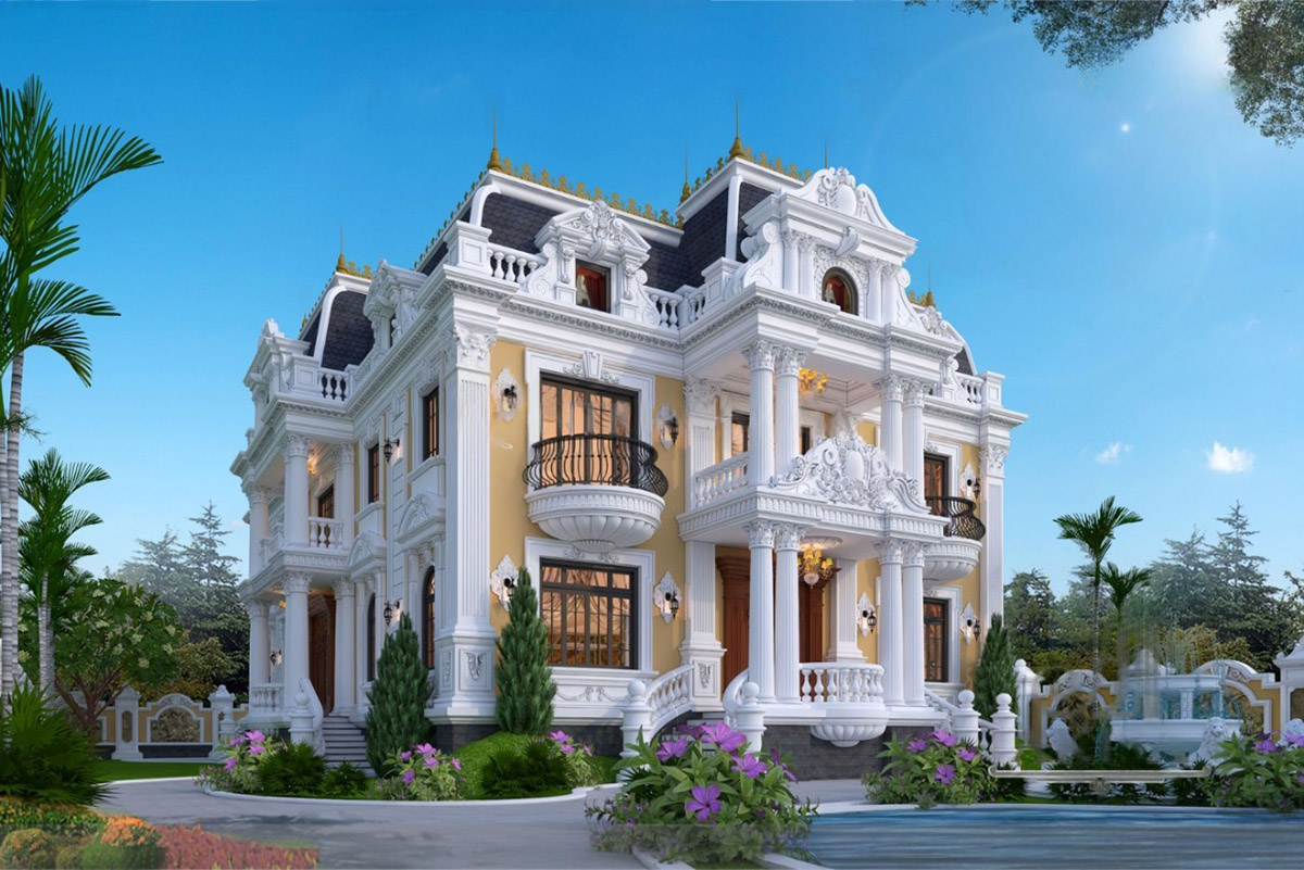 Hệ mái Mansard cao vút kết hợp cửa sổ vòm bề thế; cột Corinth đối xứng, bậc thang đá và đèn chùm châu Âu tạo nên không khí hoàng gia.