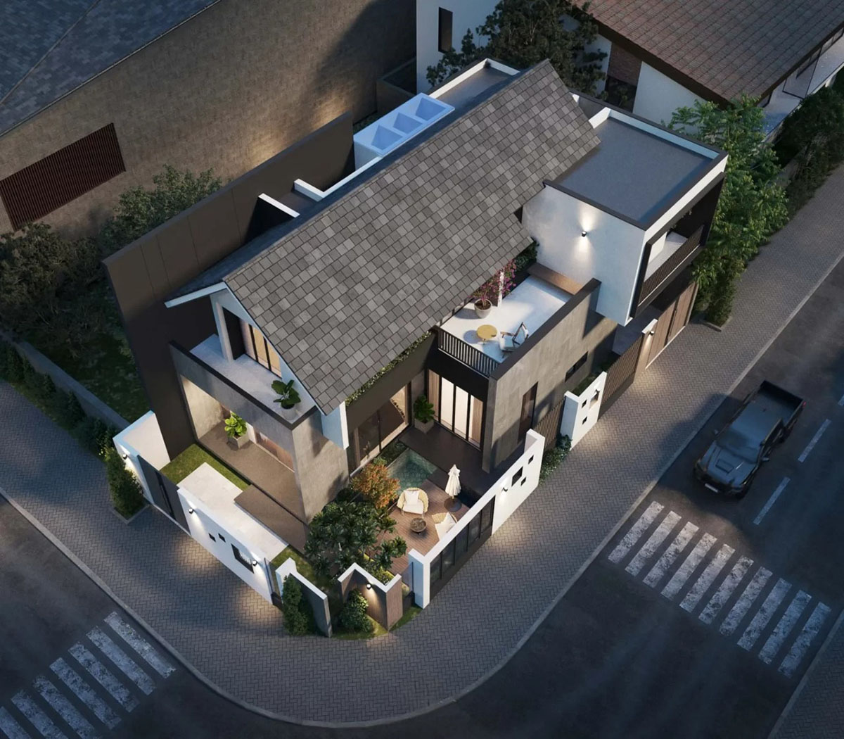 Thiết kế kiến trúc sử dụng khối hộp vuông vức kết hợp hệ mái ngói dốc nhẹ, vừa mang tính thẩm mỹ vừa phù hợp với điều kiện khí hậu Việt Nam.