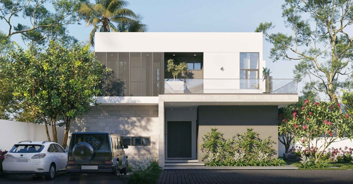 Thiết kế hiện đại với khối kiến trúc vuông vức, kết hợp cùng hệ lam gỗ và mảng tường ốp đá tạo nên vẻ ngoài sang trọng, riêng tư.