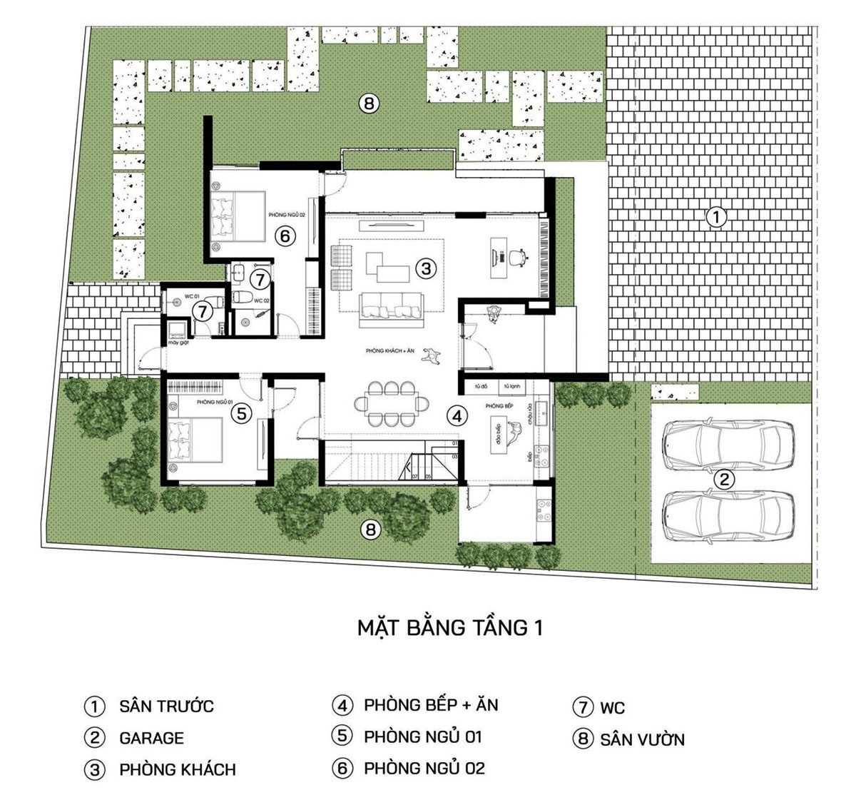 Mặt bằng công năng biệt thự 2 tầng 300m2 phong cách Luxury tầng 1