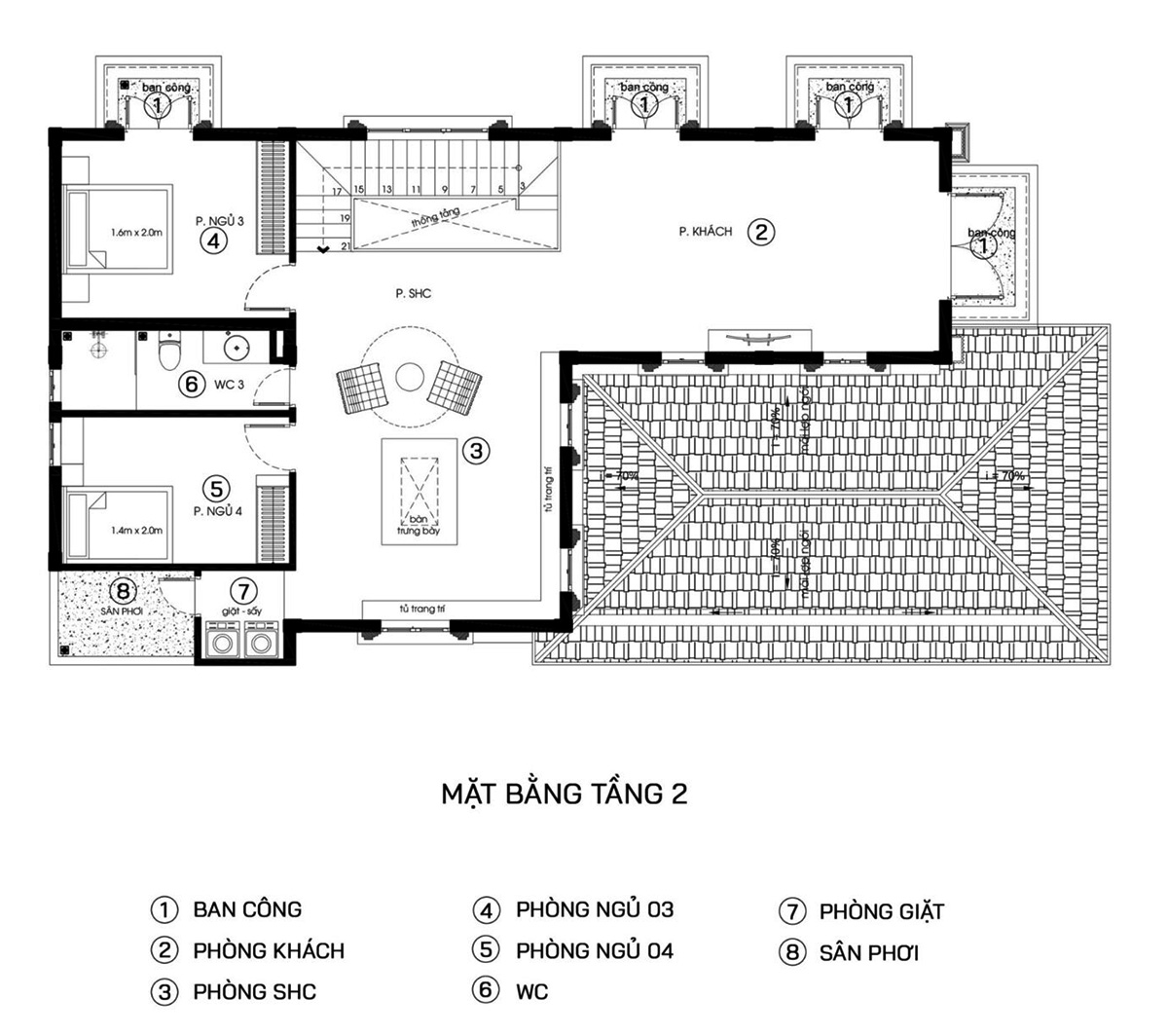 Mặt bằng công năng biệt thự 2 tầng 300m2 phong cách tân cổ điển tầng 2