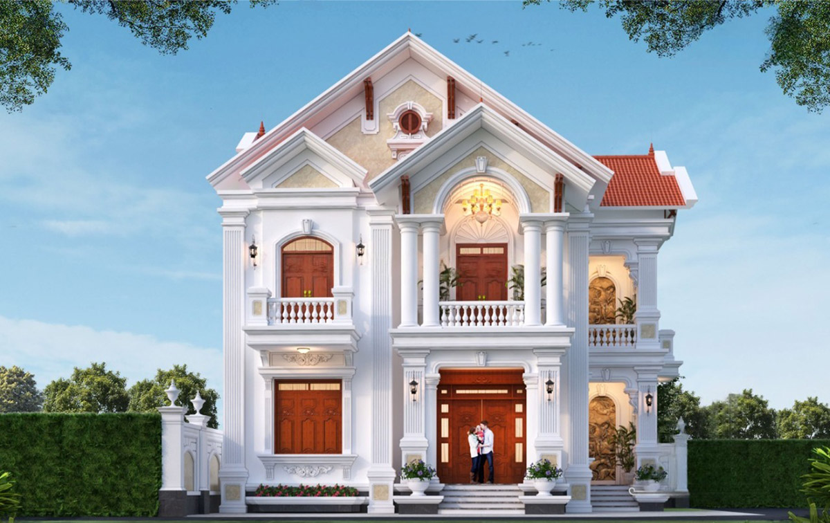 Mẫu biệt thự 2 tầng mái Thái 2 mặt tiền mang phong cách tân cổ điển kết hợp hiện đại.