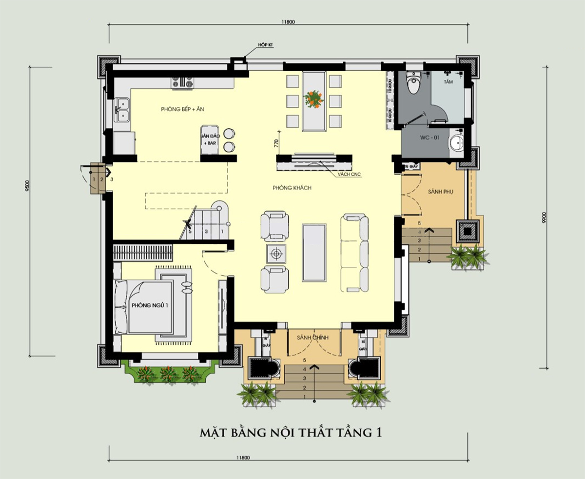 Bản vẽ mẫu biệt thự 2 tầng mái Thái 2 mặt tiền