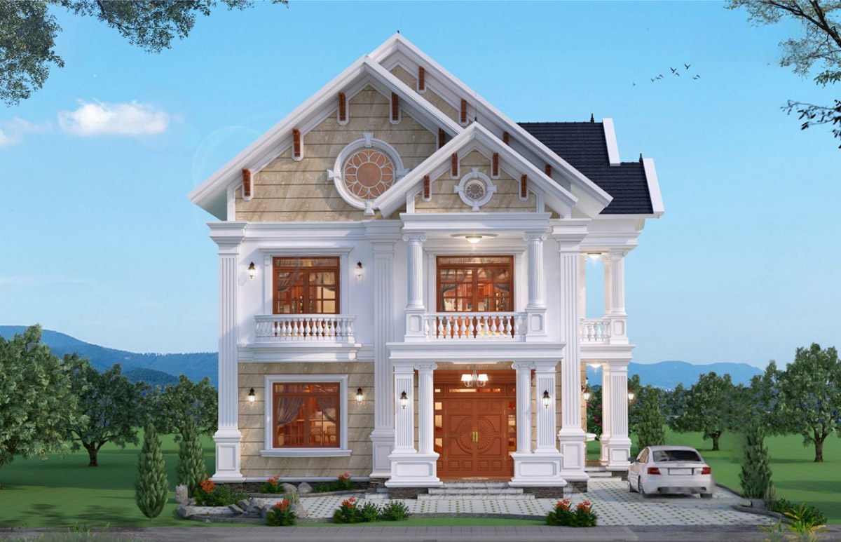 Mẫu biệt thự 2 tầng mái Thái 4 phòng ngủ mang vẻ đẹp sang trọng và tinh tế của phong cách tân cổ điển kết hợp với mái Thái hiện đại, phù hợp cho gia đình có nhu cầu sử dụng diện tích rộng rãi nhưng không quá đồ sộ.