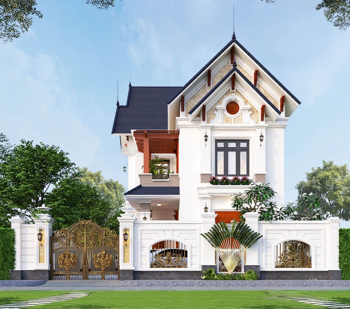 Mẫu biệt thự mái Thái 2 tầng hiện đại với thiết kế mái Thái kết hợp các đường nét khỏe khoắn, đơn giản nhưng hiện đại.