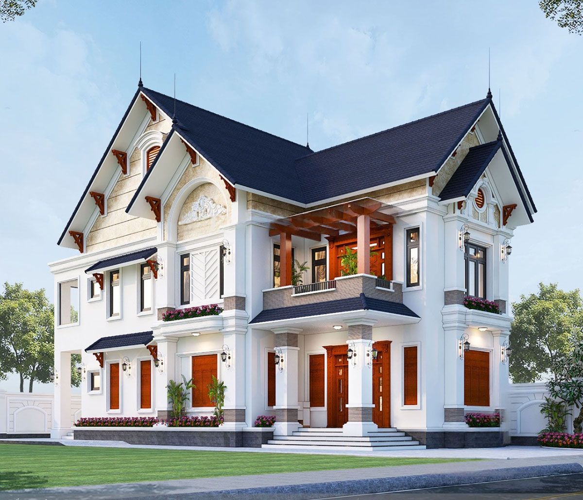 Mái thái chữ A tạo sự thanh thoát, chống nóng và thoát nước nhanh, trong khi các chi tiết kiến trúc mang đến sự sang trọng, hiện đại và hòa hợp với thiên nhiên.