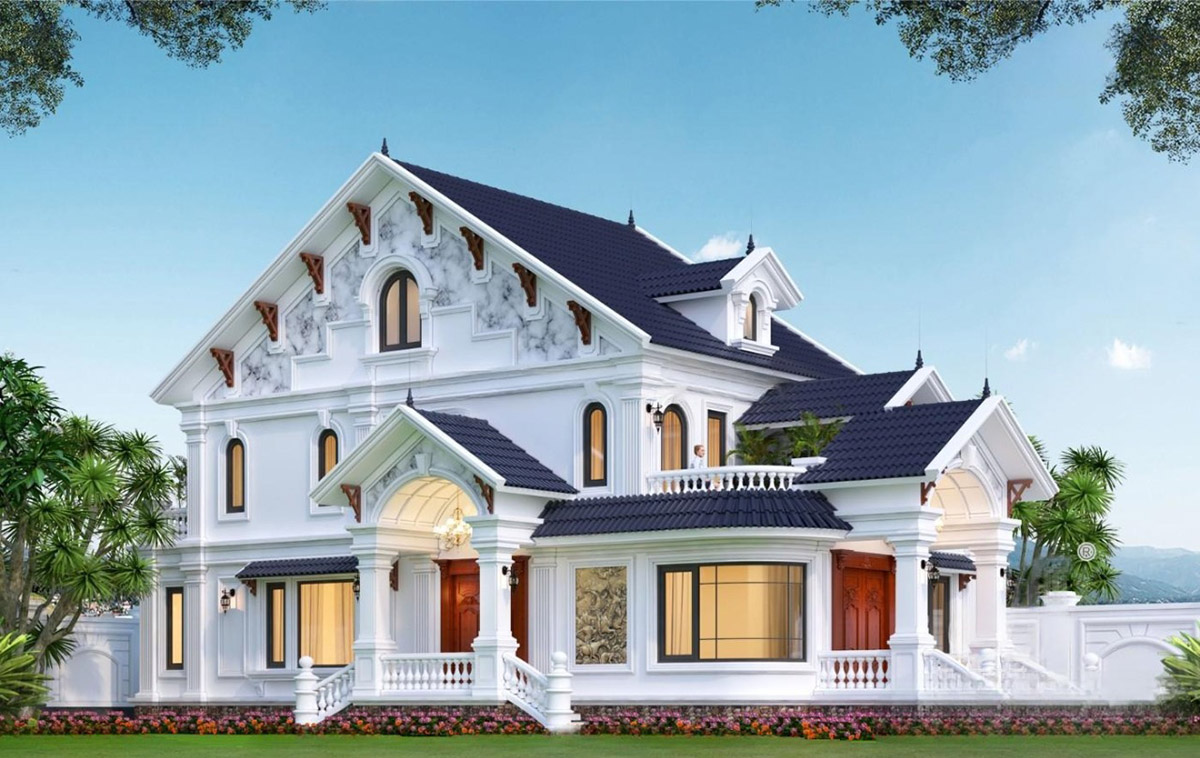 Mẫu biệt thự vườn 2 tầng mái Thái mang đậm ảnh hưởng của kiến trúc tân cổ điển châu Âu, kết hợp với nét đẹp truyền thống Á Đông.  