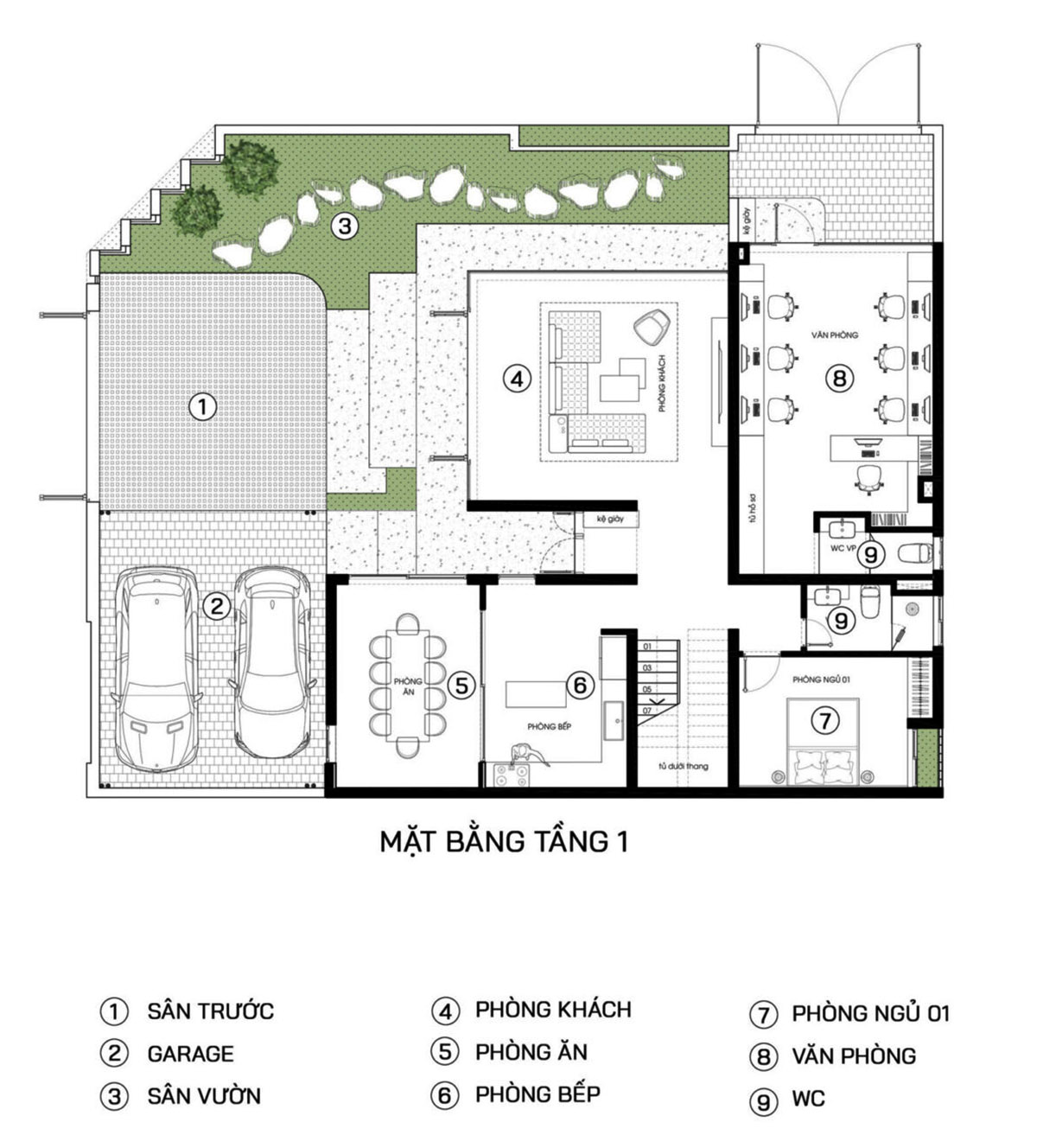 Mặt bằng công năng mẫu biệt thự 300m2 2 tầng sang trọng, hiện đại - tầng 1