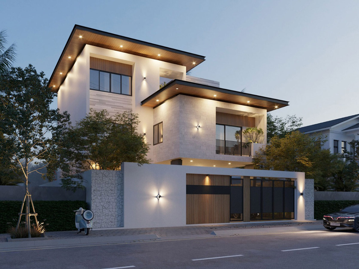 Gam màu trắng – xám kết hợp cùng vật liệu kính và đá ốp giúp công trình toát lên vẻ đẹp thanh lịch, bền vững theo thời gian.