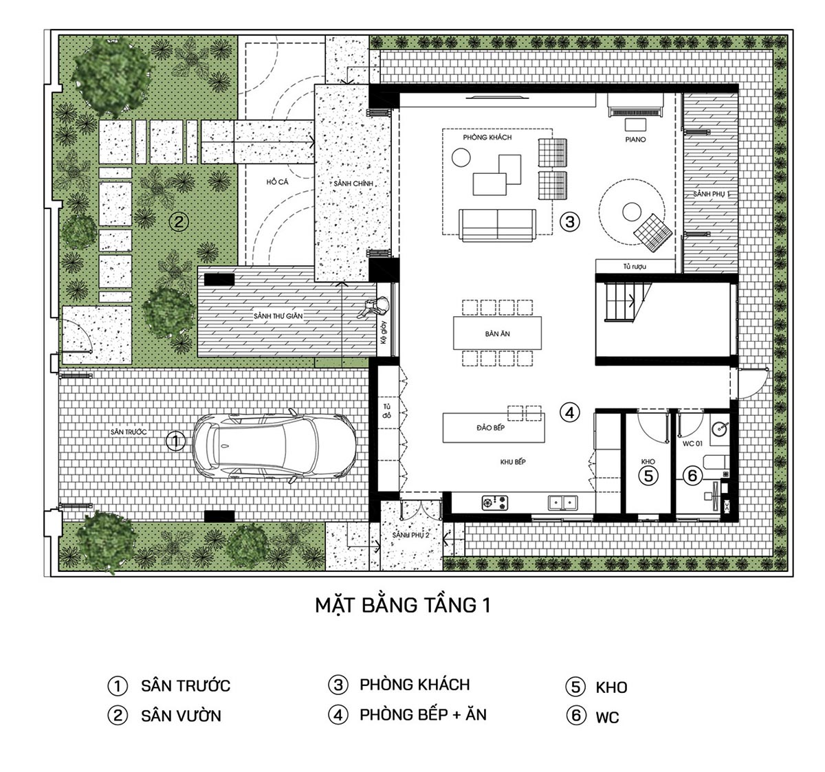 Mặt bằng công năng mẫu biệt thự 300m2 3 tầng hiện đại tầng 1