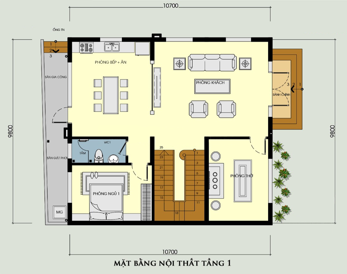 Mặt bằng công năng biệt thự mini 2 tầng hiện đại mái bằng