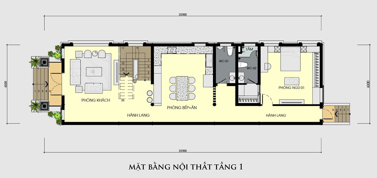 Mặt bằng công năng biệt thự mini 2 tầng tân cổ điển